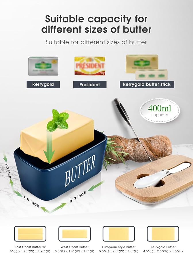 Butter Dish with Lid, Home Decor, Large Butter Dish for Countertop Ceramic Butter Keeper Container with Knife and High Quality Silicone Sealing Good Kitchen Gift Blue