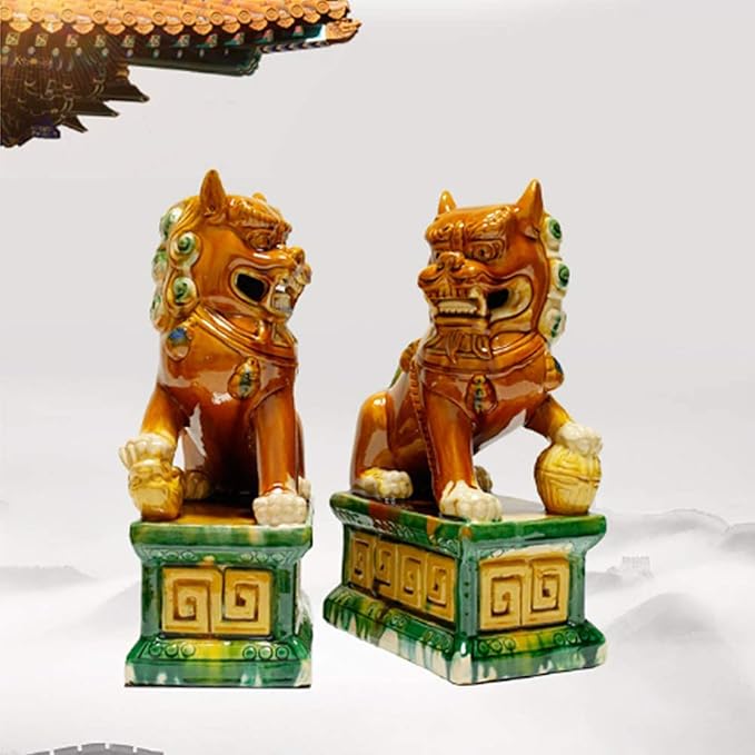 Handcrafted Ceramic Feng Shui Foo Dog Statues Pair Asian Guardian Lions for Office, Home, Housewarming, and Store Opening Gifts Traditional Chinese Decor,Dark Green,7.48 * 12.2in
