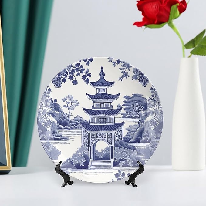 Chinoiserie Blue Asian Pagoda Decorative Plate of 6", 7", 9", 10", Custom Hanging Decorative Tiles, Club Table Decorations Office, with Vertical Stand