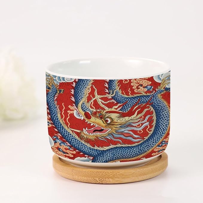 Red and Auqa Dragon Small Planters Ceramics Set of 2 Chinoiserie Dragon Ceramics Planters with Drainage Bamboo Trays Asian Scenery Chic Chinoiserie Houseplant Pot