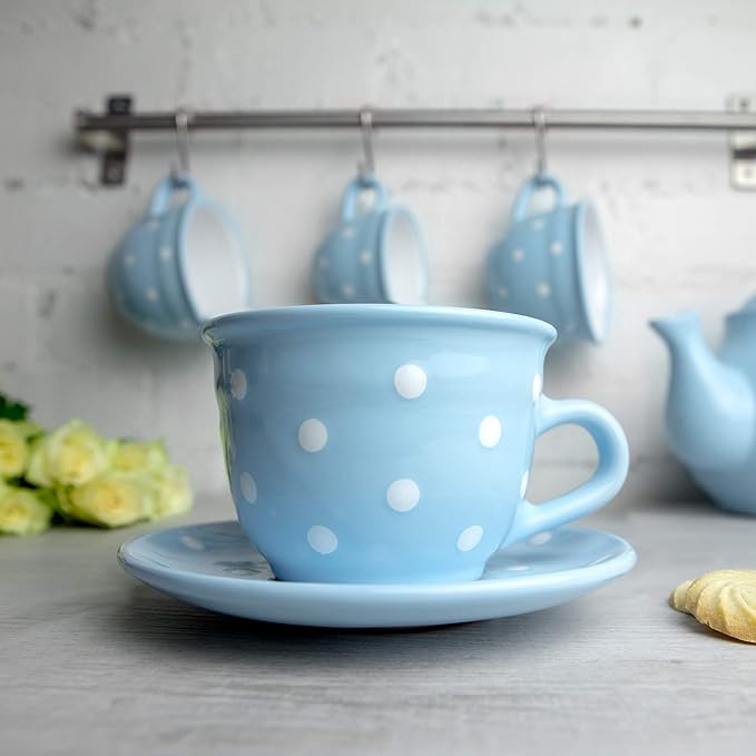 City to Cottage Handmade Light Sky Blue and White Polka Dot Large Ceramic 12oz/350ml Cappuccino Coffee Tea Cup and Saucer, Unique Designer Pottery Gift for Tea Lovers
