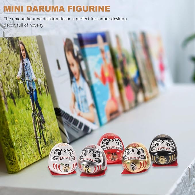 Japanese Ceramic Tumbler Figurines Set of 5 Mini Traditional Lucky Car Interior Decor for Home and Office Gold Plated