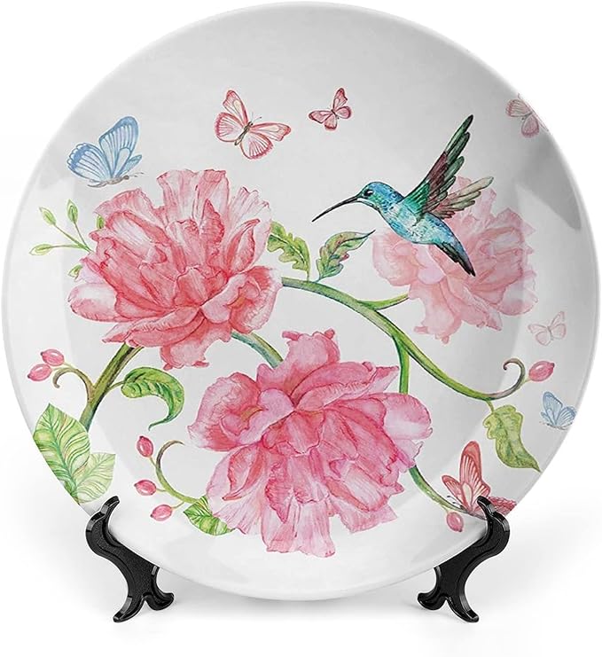 XISUNYA 10 Inch Decorative Plate,Hummingbird Ceramic Stoneware, Vintage Watercolor Butterflies Birds and Flourishing Branch Print Ornament Display Plate for Dining Table Setting, Christmas Tablescape