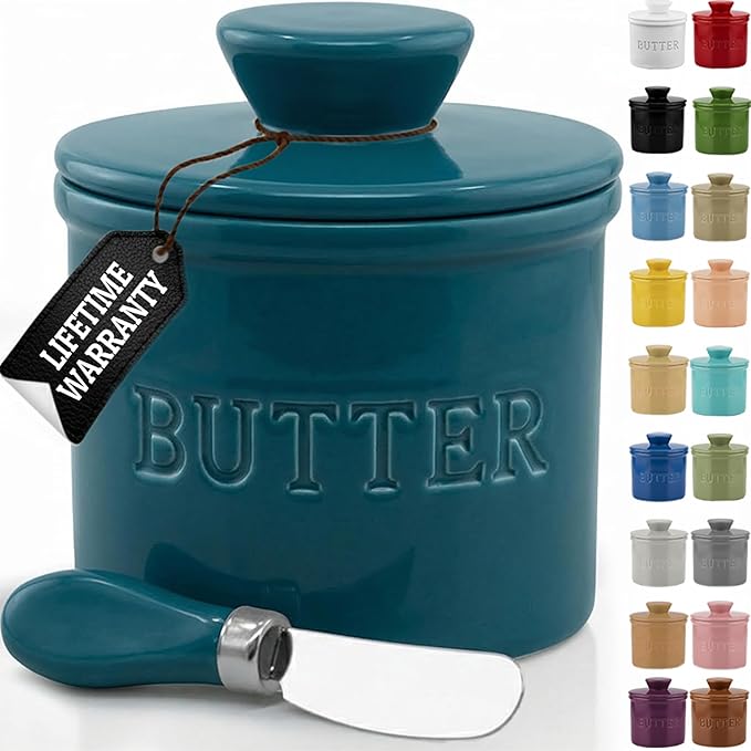 PriorityChef Butter Crock with Lid with Water Line,Ceramic French Butter Dish to Leave On Counter, Teal Blue