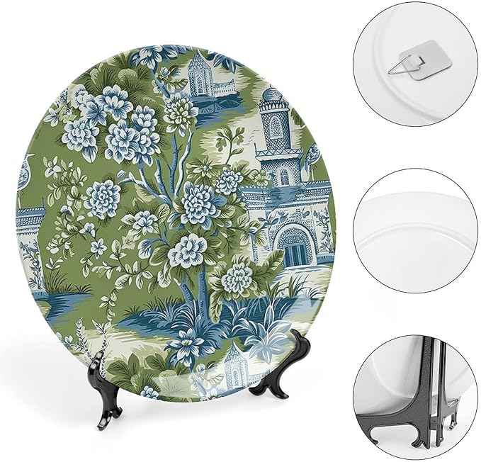Pagoda Garden Imperial Green Chinoiserie Vintage Plates, Ceramic Ornaments Dessert Plates for Kitchen Farmhouse Decor, Including Bracket And Special Hook Art Decorations for Art Decoration Festival