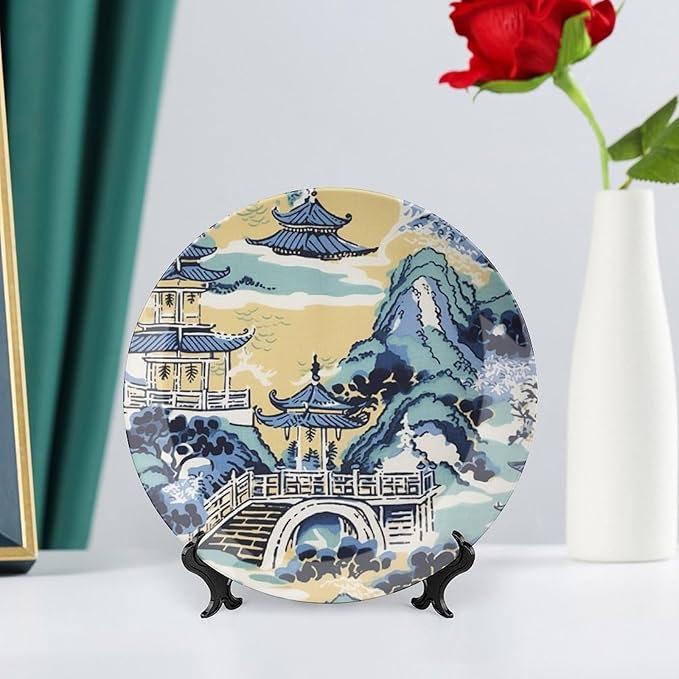 Blue And White Chinoiserie Pagoda Ming Toile Asian Decorative Plate for Display Art Decoration Household Supplies Kitchen Wall Holiday Party Decorations Customize Gifts for Men Women Christmas