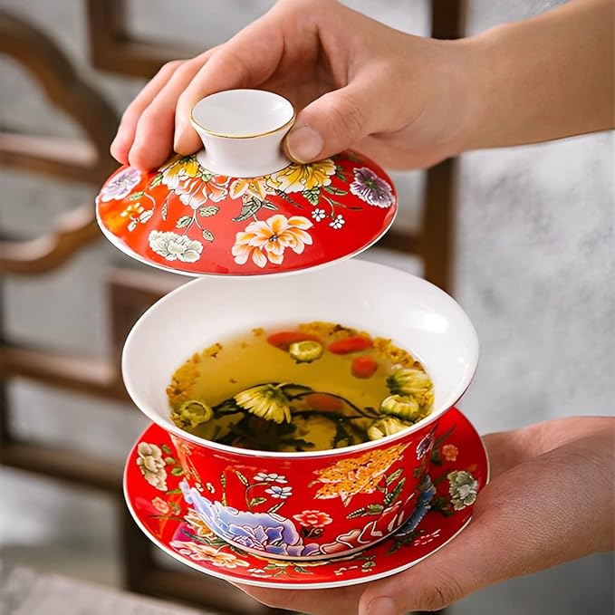 Porcelain Chinese Tea Cup,Asian Ceramic Tea Cups with Lid and Saucer,Chinese Kungfu Teamug Set Handleless Traditional Gaiwan (10oz Red)