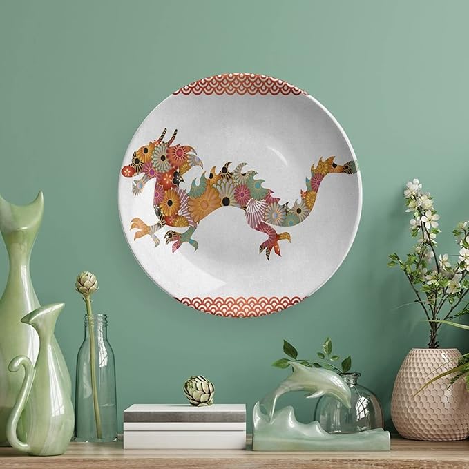 XISUNYA 10 Inch Decorative Plate, Dragon Ceramic Plate, Floral Ornamental Dragon Body Classic Japanese Wavy Print Ceramic Wall Hanging for Home Office Party Dinner Table Decor