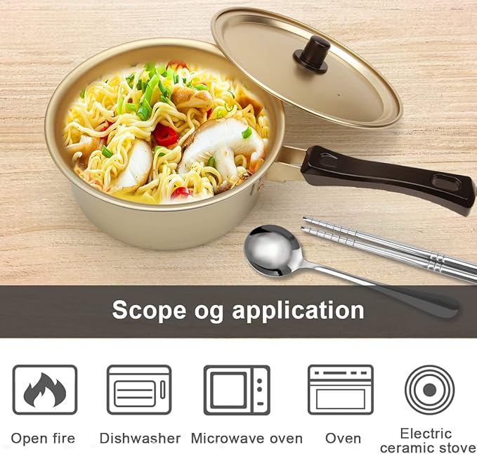 Korean Ramen Cooking Pot, AHIER Korean Ramen Noodle Pot With Lid, Spoon and Chopsticks (1pair), Fast Heating for Kitchen Cookware (Single Handle)