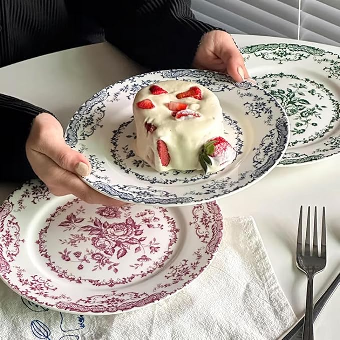 Ceramic Plates,Ceramic Dinner Plates,7.9 Inch Rose Flower Decorative Plates,Salad Dessert Plates,Microwave Oven Dishwasher Safe,Dinner Plates for Salad Pasta Dessert Steak Appetizers