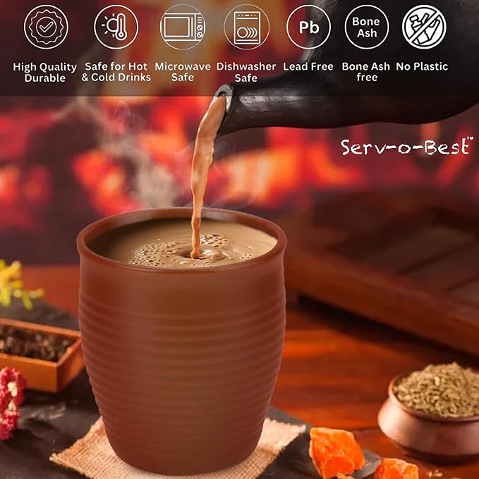 Handmade Cantaritos de Barro Ceramic Tea Cups Set – 6 Desi Kulhad Chai/ Coffee Cups (5 oz Capacity), Lead-Free, Dishwasher & Microwave Safe, Glazed, Glossy finish Clay Tea Cups/ kulhar/kullar - Brown