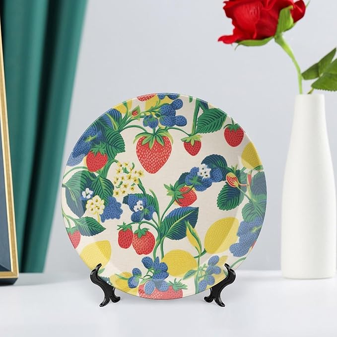 Summer Cherry Lemon Citrus Garden Vintage Plates, Personalized Design Collector Plates for Display Kitchen Art Decoration Decor, Unique Art with Stand Art Decorations for Home Table