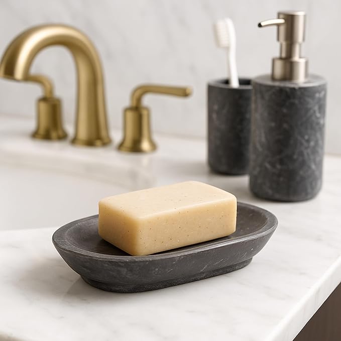 Luxury Hand-Carved Natural Charcoal Marble Soap Dish Heavy-Duty, Plastic-Free, Artisan Crafted for Bathroom Kitchen Countertop Organization, 3.8 x 5.8 x 0.9 H Inch