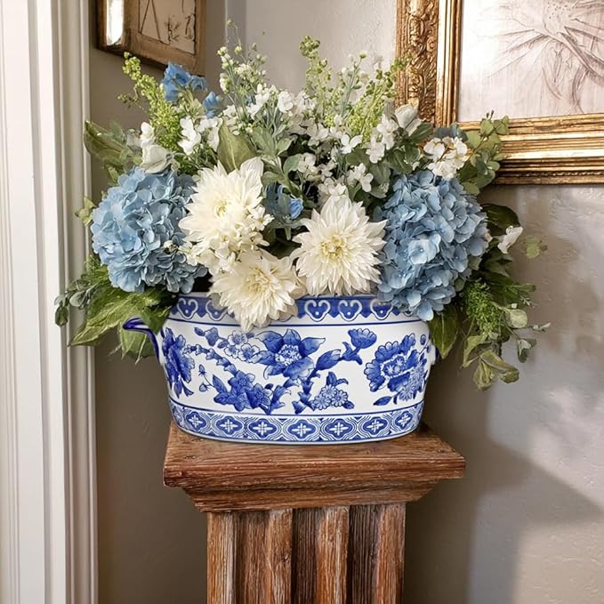 Blue and White Ceramic Planter Pot – Vintage Floral Oval Cachepot Vase for Indoor Plants, Flowers & Succulents – Glazed Chinese Porcelain Style Decorative Bowl –10.6" Size – No Drainage