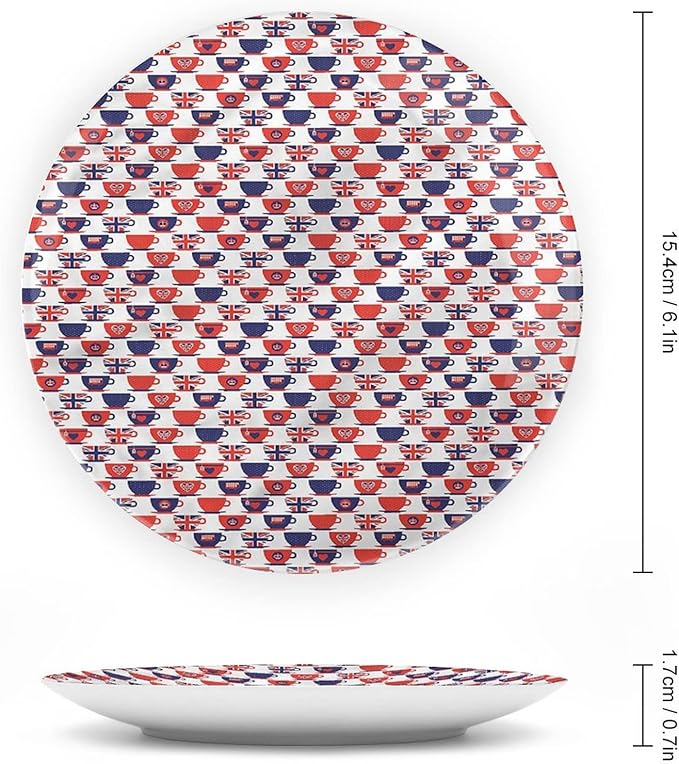 XISUNYA 7 Inch Decorative Plate, London Porcelain Plate, Tea Party Flag Cups Print Ceramic Wall Hanging for Fine Dining Upscale Events, Dinner Parties, Weddings, Catering, Muticolor