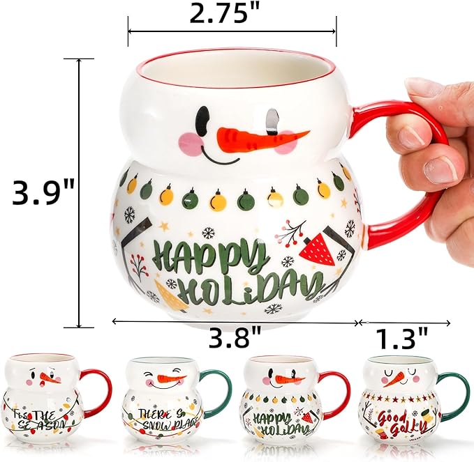 4 Pack Christmas Mugs Set, 15oz Ceramic Snowman Coffee Cup, Stackable Holiday Xmas Tea Mug for Hot Cocoa Cold Water Milk, Housewarming Gift Home Decor, Dishwasher Microwave Safe(4 Styles)