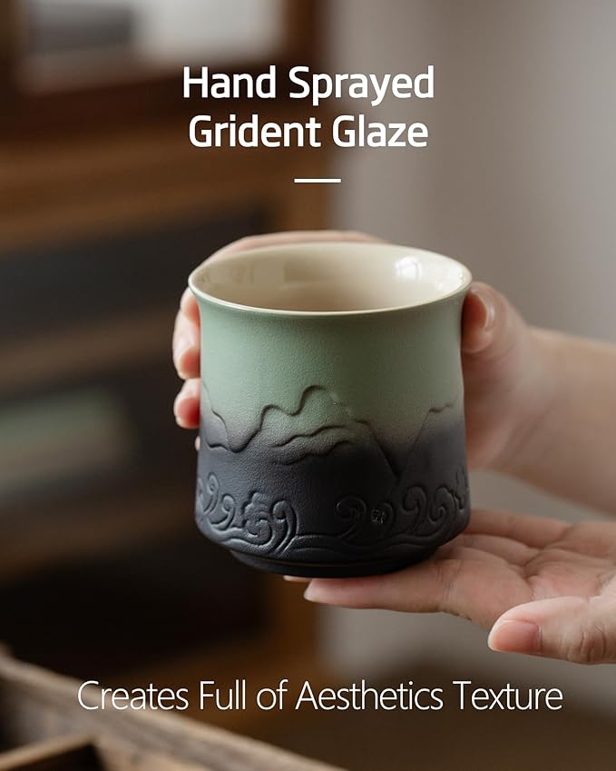 ZENS Japanese Tea Cups Set of 4, Embossed 8 oz Ceramic Japan Tea Cup for Hot Tea or Matcha, Japanese Style Handle-less, Occupied Japan Tea Cup, Moss Green