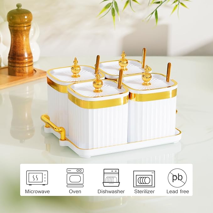 4 Pack Gold Condiment Spice Jars with Lids, Spoons, Tray - Plastic Seasoning Box Set for Salt, Pepper, Sugar - Kitchen Storage