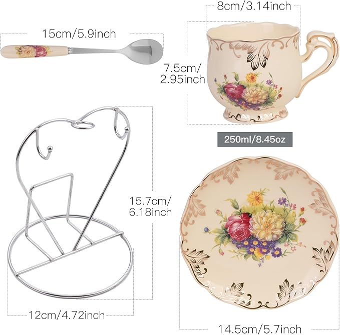 YOLIFE Tea Cups and Saucers Set of 2, Vintage Floral Porcelain Tea Cups with Holder- 8 oz