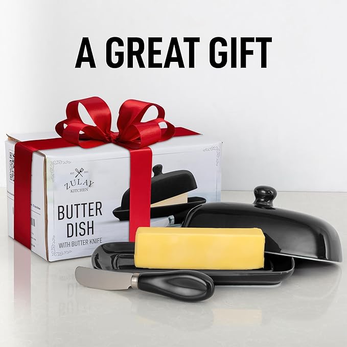 Zulay Kitchen Butter Dish With Lid For Countertop - Porcelain Black, Ceramic Butter Dish with Knob Handle Great for Cooking - Elegant Design Butter Holder - Durable & Sturdy Butter Keeper - Black