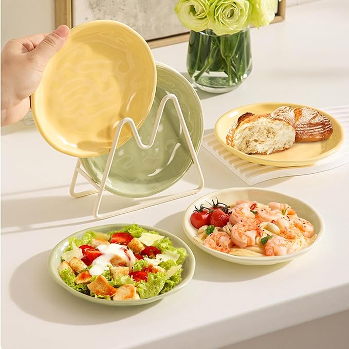 6 Inch Ceramic Salad Plates, Set of 6 - Small Appetizer & Dessert Plates for Portion Control, Microwave & Dishwasher Safe, Chip-Resistant (Soft Green, Cream Yellow, Creamy White (6)