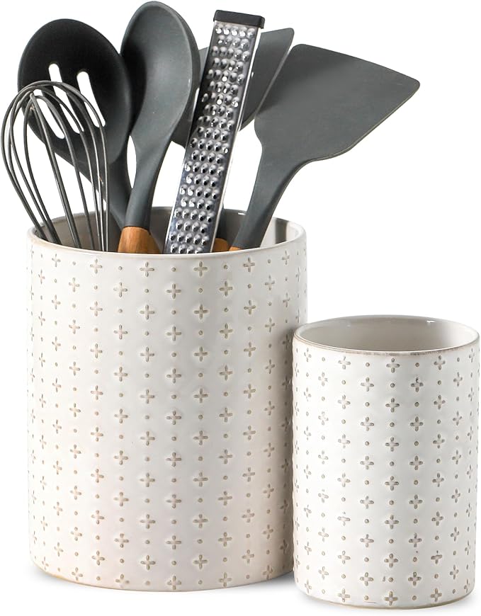 Kitchen Utensil Holder for Countertop, 7.1" + 5.3" Ceramic Cooking Utensil Holder Set of 2, Large Utensil Crocks, Morden Kitchen Tool Tolder for Spatula, Arctic White