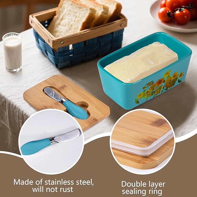 Sunflower Butter Dish with Lid,Large Butter Crock Keeper Saver,Ceramic Butter Container for Countertop with Highly Sealed Silicone Thick Wooden Lid for Kitchen Farmhouse Decor (Thin Blue, Sunflower)