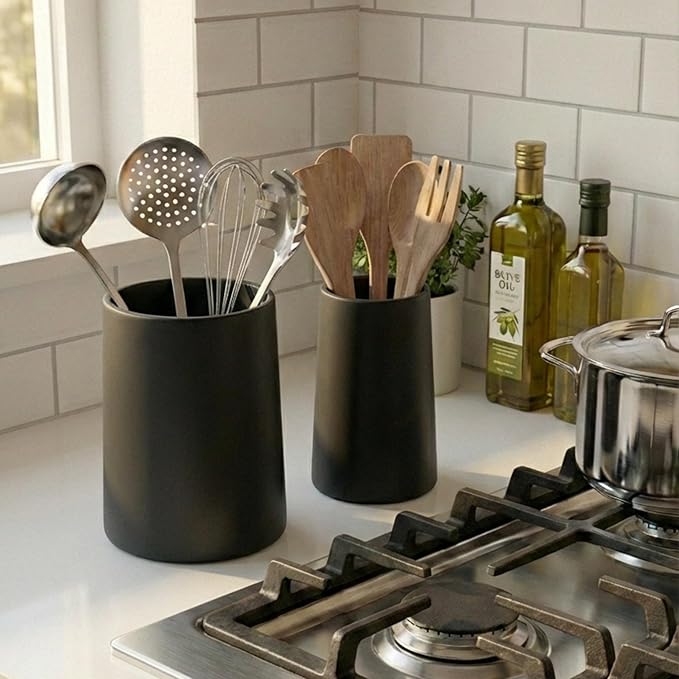 Utensil Holder – 7" Tall x 5.2" Diameter Kitchen Utensil Organizer for Countertop (Matte Black, 2 Pack)