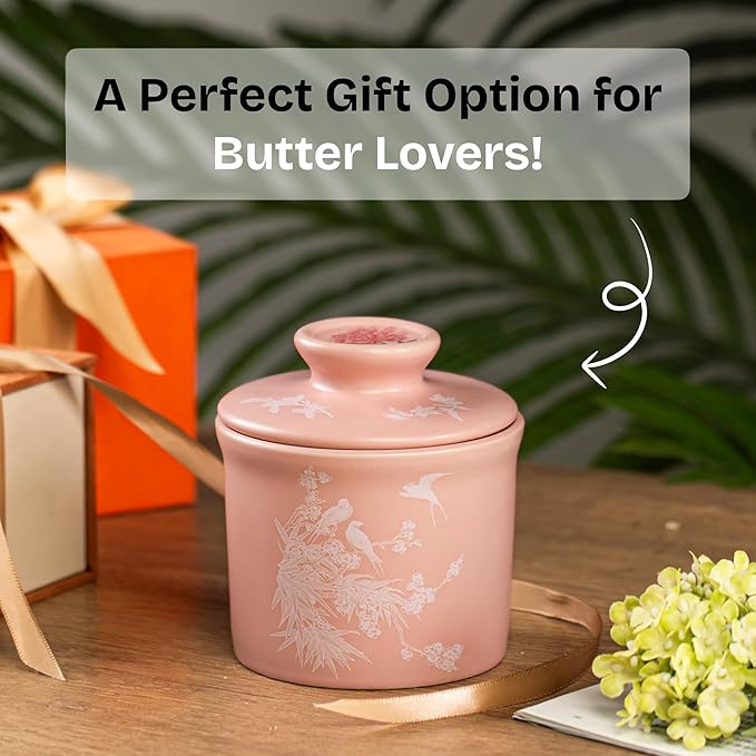Stoneware Butter Crock with Lid, Ceramic Butter Dish with Water Line, Countertop Butter Keeper, Butter Holder for Countertop, Pink