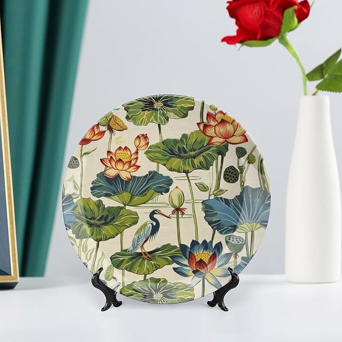 Birds And Lotus Flowers Plates Ceramic for Display Kitchen Art Decoration Supplies Wall Club Holiday Party Decorations Customize Gifts for Men Women Birthday, 6", 7", 9", 10"