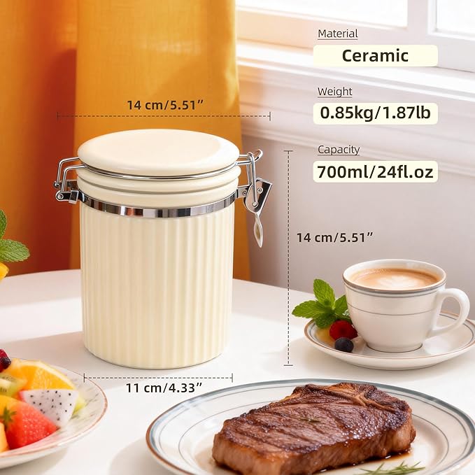 Ceramic Kitchen Canisters Porcelain Food Storage Jar with lie 700ml/24 fl.oz Airtight Freshness Oxidation-Resistant for Flour, Sugar, Coffee,Tea, Oatmeal, Biscuits, Pantry & Countertop Organization