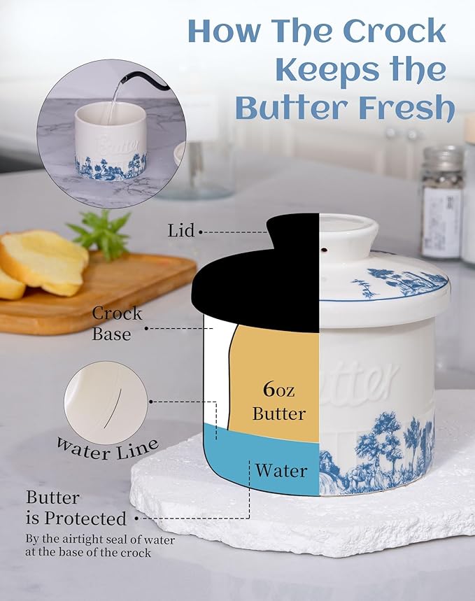 TEATALK Vintage Boho Butter Crock - French Ceramic Butter Keeper for Counter,Blue and White Porcelain Butter Dish with Lid, Stay Soft Spreadable Butter Container, 6.7 oz Aesthetic Kitchen Decor