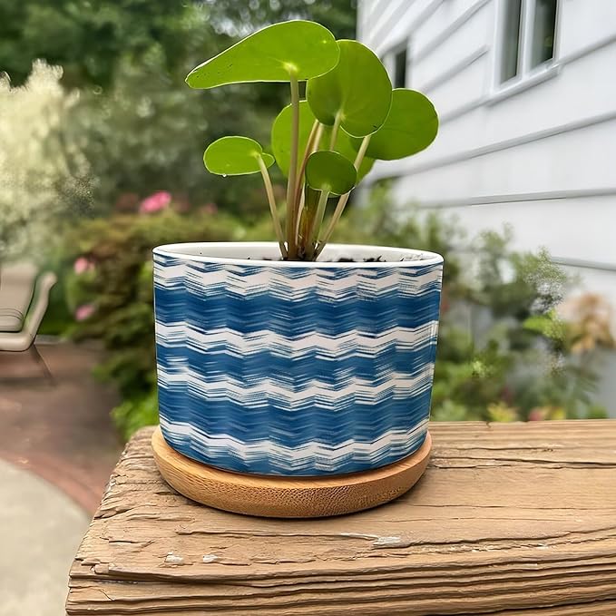 DreamAutumn Ikat Style Zag Pattern Blue Ceramic Pots for Plants with Drainage Holes Round Flower Pot Bamboo Tray Orchid Pot Succulents Pots for Outdoor Indoor Plants,Housewarming Gifts