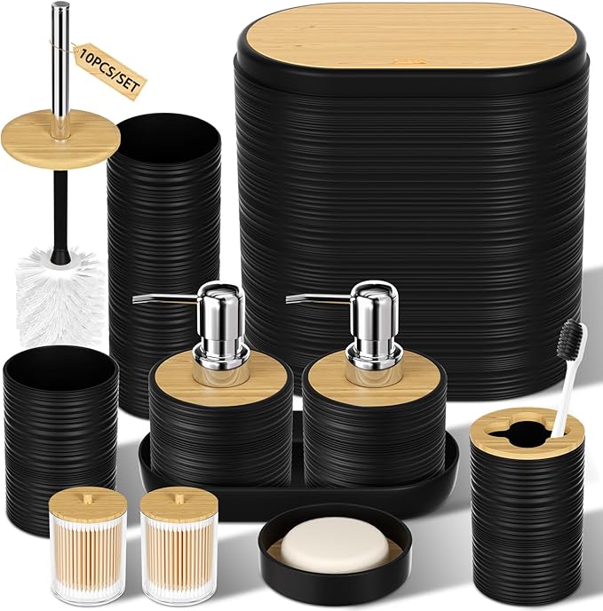 Black Bathroom Set - 10PC Bathroom Accessories Set, Luxury Bathroom Accessory Set with Trash Can,Toilet Brush & 2 PC Soap Dispensers for Apartment Decor and Housewarming