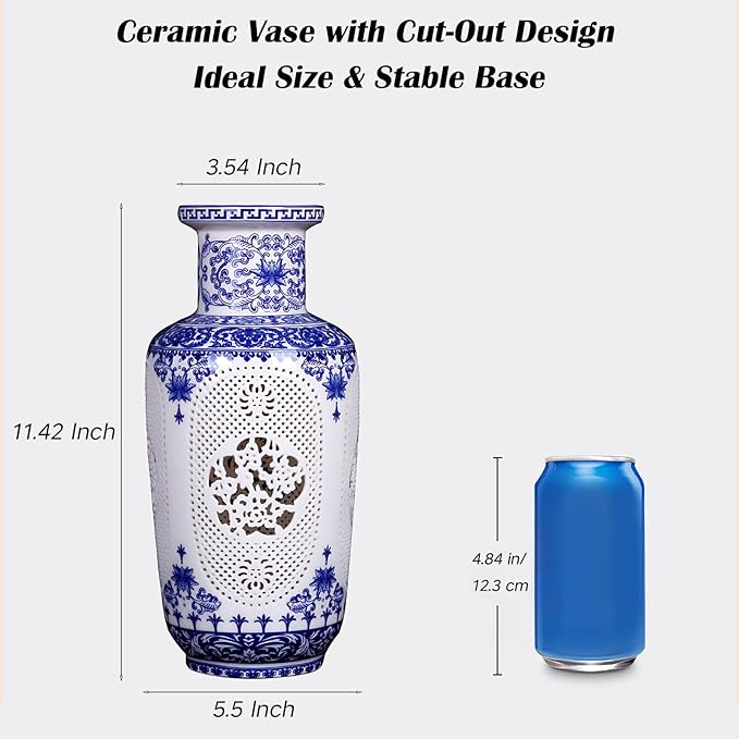 Blue White Flower Vase - 11.42 Inch Hollow Out Ceramic Vase, Vintage Chinese Style Home Decor, Handcrafted Blue White Porcelain Centerpiece for Living Room Table Shelf (Blue and White)