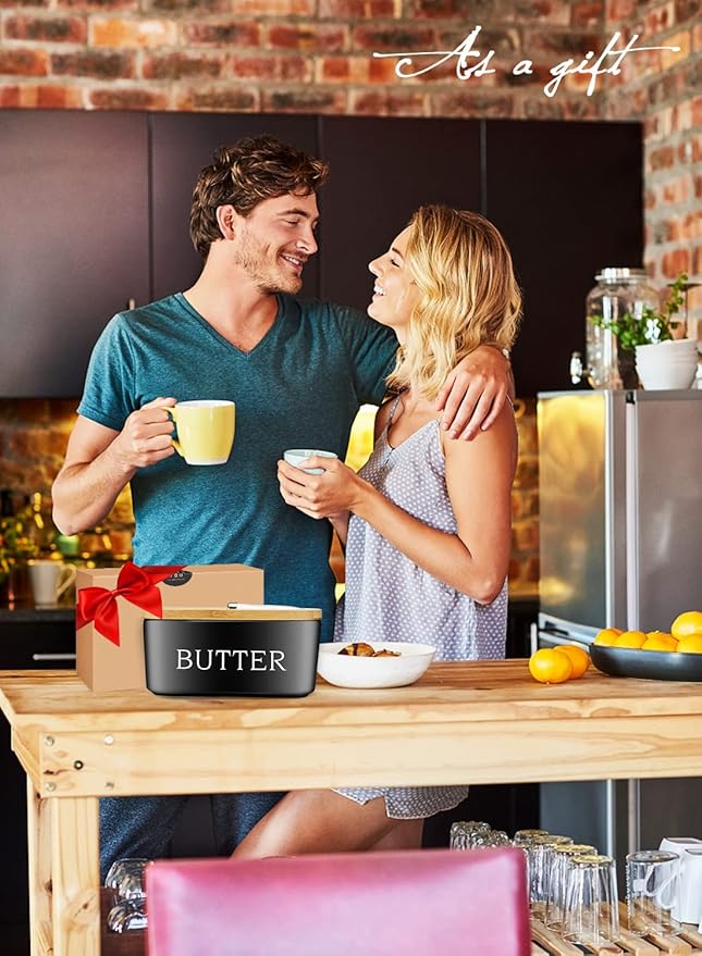 Butter Dish with Lid: Large Butter Dish for Countertop - Ceramic Butter Keeper Container with Knife and High Quality - Silicone Sealing Butter Box for Home Decor Good Kitchen Gift Black