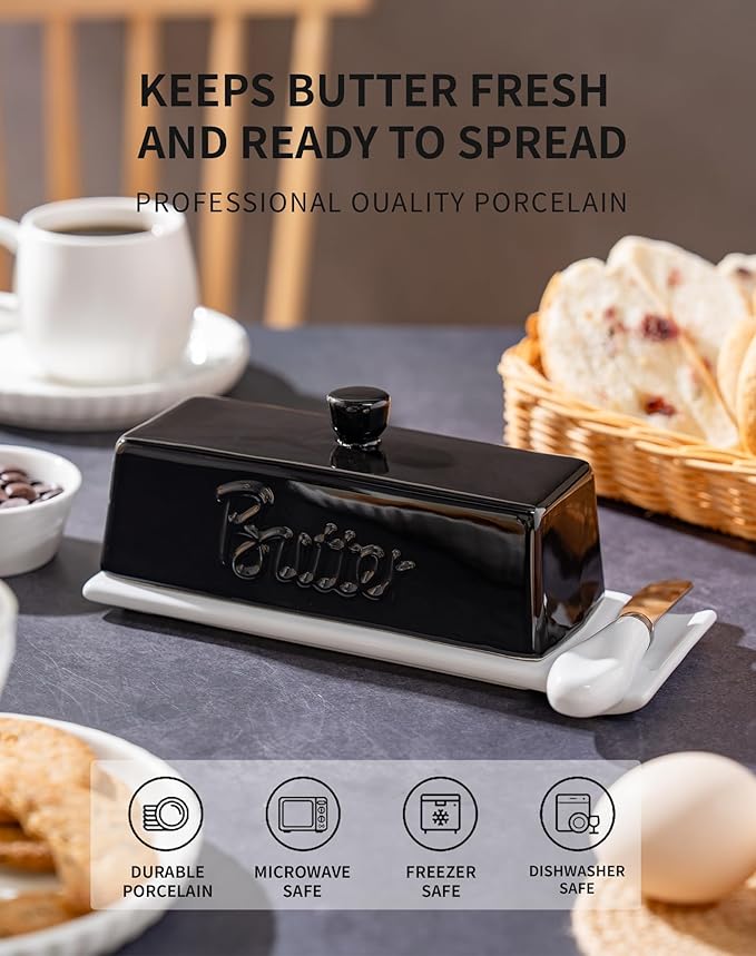 TEATALK Ceramic Butter Dish with Lid and Knife - Large Butter Holder, Farmhouse Style, 8-Inch Porcelain Butter Keeper with Scraper Edge, Black & White