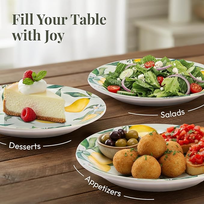 Bico Lemon Dreams Salad Plates Set of 4, 8.75 Inch Ceramic Dessert Plates for Salad, Appetizer, Side Dishes, Microwave and Dishwasher Safe, Gift for Housewarming and Thanksgiving