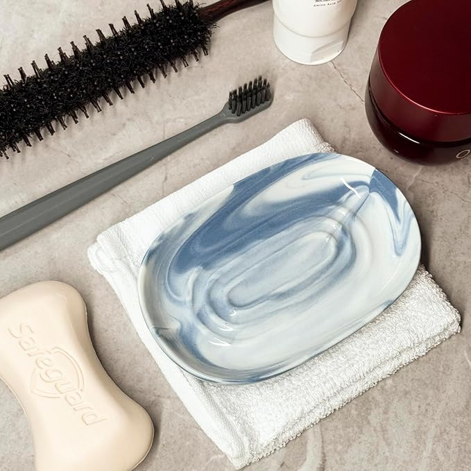 Soap Dish, Ceramic Soap Dish with Marble PatternShower, Soap Saver Tray for Bathroom, Kitchen Sink & Vanity, Multi-Use Holder for Jewelry, Rings, Keys (1 Pack, Blue-White)