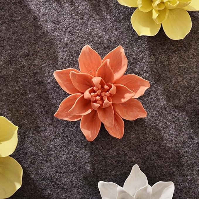 Magnolia,2.76" Ceramic Flower Wall Art, Artificial 3D Flower Wall Art, Handmade 3D Wall Art Hanging Sculpture, Porcelain Flower Wall Decoration for Home Office Decor (Orange)