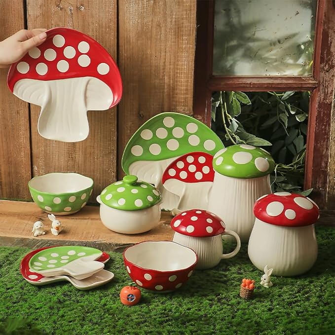 WAIT FLY Mushroom Shaped Ceramic Coffee Bean Storage Container, Tea Canister, Food Storage Jar for Tea, Coffee, Spices, Sugar, Candy, Cookies-Green-33 OZ