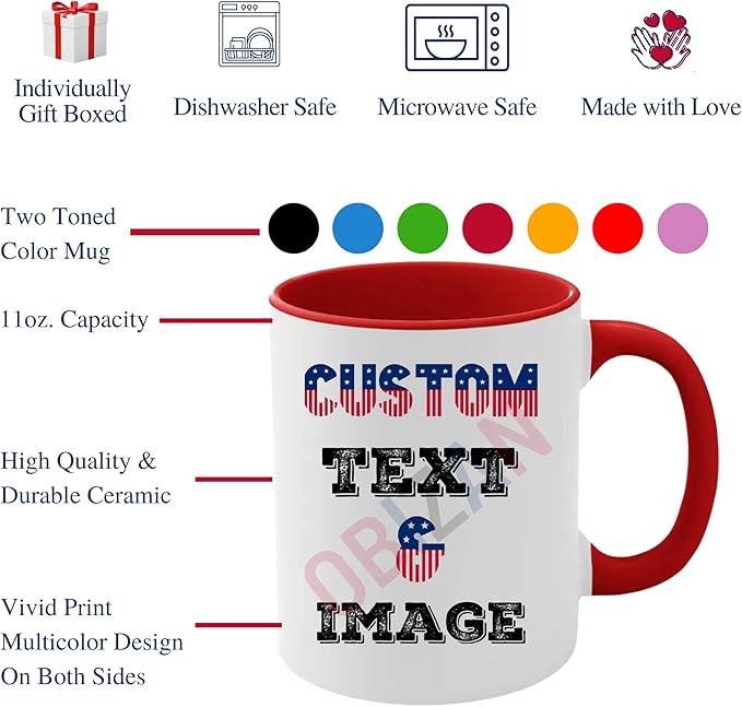 Custom Coffee Mug with Photo, Text, or Logo | Personalized Ceramic Mug 11oz | Customizable Gift for Men, Women | Unique Gift for Birthdays, Holidays, Christmas | White - Red