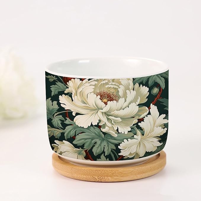 Egg Green and White Floral Small Pot for Flowers Set of 2 White Chinoiserie Flower Ceramics Pots for Plants with Drainage Bamboo Trays Chinoiserie Cactus Planter