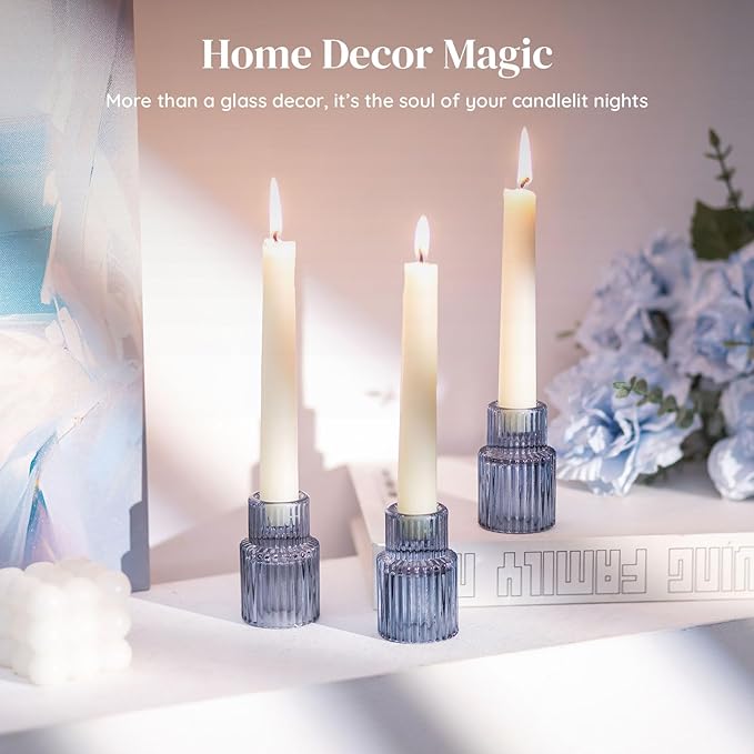 Glasseam Candle Sticks Holder Decor: 2 Pcs Ribbed Glass Blue Candlesticks Holders Modern Fluted Taper Candle Holders for Table Centerpiece Wedding Decorations Dinner Party Home Decor