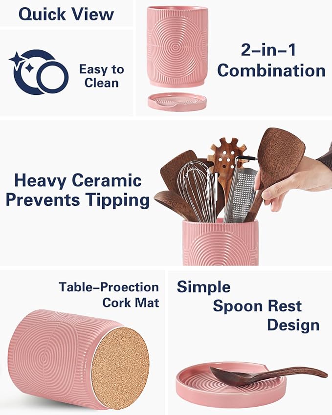 Utensil Holder, 7.2" Kitchen Utensil Holder for Counter, 2-in-1 Ceramic Cooking Utensils Holders with Spoon Rest, Utensil Crock for Spatula, Ideal Housewarming Gift(Pink)