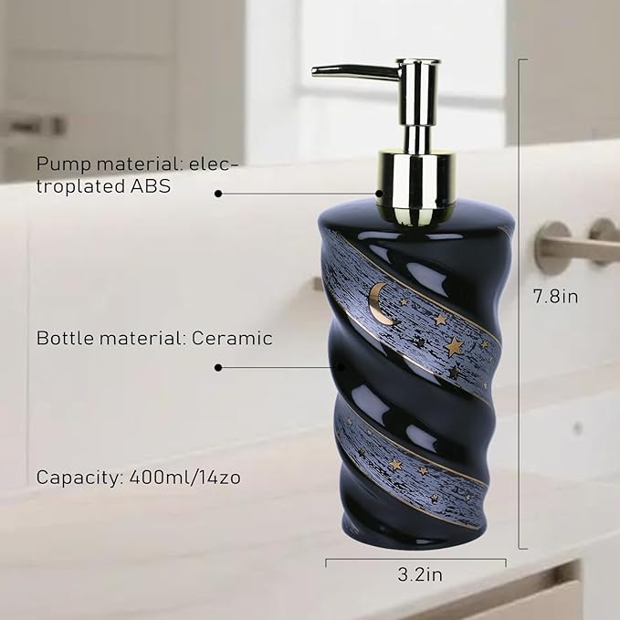 Ceramic Soap Dispenser, Large Capacity Lotion Dispenser with Spiral Galaxy Design - Refillable Press Pump Bottle for Bathroom & Kitchen (14oz, Black)