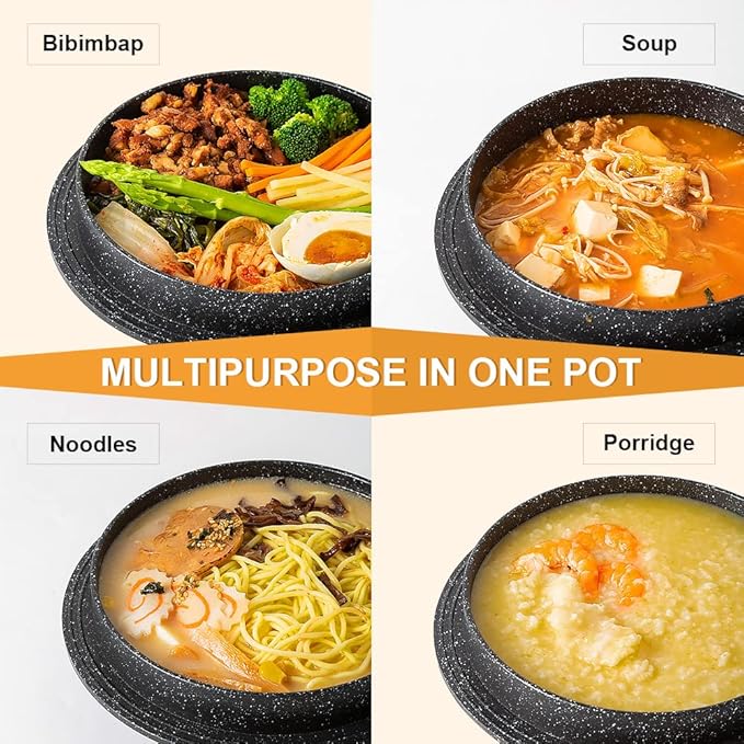 Cast Aluminum Pot with Lid, 72 oz Non-Stick Casserole Dish Korean Stone Bowl Induction Compatible, 2150 ml - Black