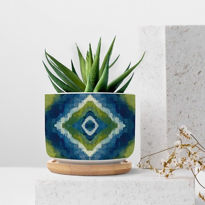 DreamAutumn Blue and Green Geometric Ikat Ceramic Pots for Plants with Drainage Holes Round Flower Pot Bamboo Tray Orchid Pot Succulents Pots for Outdoor Indoor Plants,Housewarming Gifts