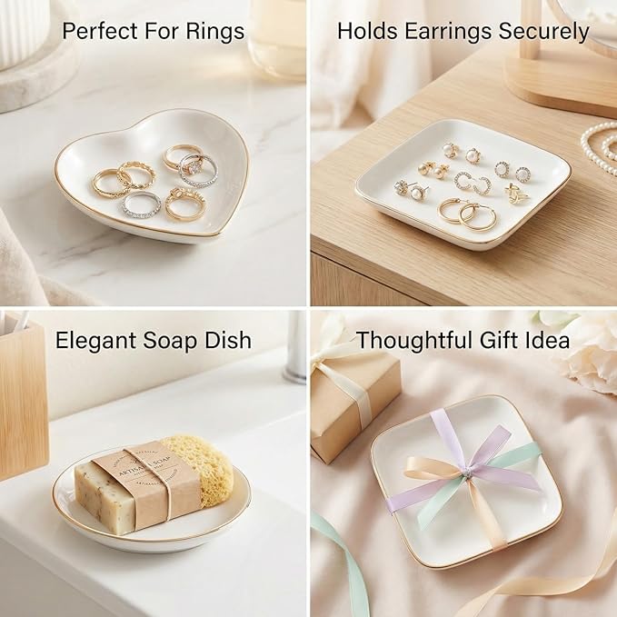 12 Pcs Ceramic Jewelry Tray Set, 4.5in Ring Dish Trinket Dish Organizer, Decorative Soap Dish Vanity Tray for Women Wedding Bridesmaid Birthday Gifts