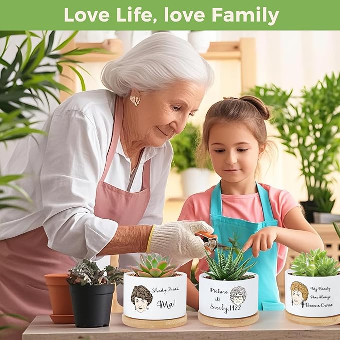 4 Pcs Golden Girls Merchandise Ceramic Plant Pots,Funny Golden Girls Gifts for Women,for House Plants Garden Planters Succulent Pots, with Drainage Holes and Saucer (White)